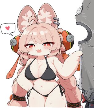 1girl ahoge animal_ear_fluff animal_ears bikini black_bikini blush breasts bright_pupils furry furry_female heart holding holding_weapon large_breasts long_hair looking_at_viewer navel open_mouth pink_hair rabbit_ears red_eyes side-tie_bikini_bottom smile solo spoken_heart swimsuit tagyeokgam very_long_hair weapon white_pupils zenless_zone_zero zhao_(zenless_zone_zero)