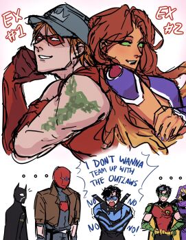 arsenal_(dc) bat_signal batman batman_(series) batman_symbol belt black_bodysuit black_gloves black_hair bodysuit brown_jacket bruce_wayne commentary coquetteleon cowl dc_comics dick_grayson domino_mask english_commentary escrima_sticks eye_mask gloves grey_bodysuit highres jacket jason_todd mask multicolored_bodysuit multiple_boys muscular muscular_male nightwing open_clothes pants red_hood_(dc) red_hood_and_the_outlaws red_mask robin_(dc) roy_harper short_hair starfire stephanie_brown superhero_costume taut_bodysuit tim_drake two-tone_bodysuit utility_belt