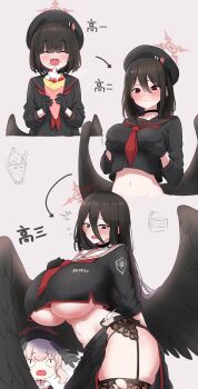 <|>_<|> 4girls ^^^ absurdres age_progression aged_down amogan arrow_(symbol) black_choker black_gloves black_hair black_hat black_serafuku black_shirt black_skirt black_wings blue_archive blush breasts choker closed_mouth commentary_request cowboy_shot crepe crop_top cropped_torso eating facing_viewer fang feathered_wings food food_on_face fruit garter_straps gloves grey_background hair_between_eyes halo hands_on_own_breasts hasumi_(blue_archive) hat highres holding huge_breasts justice_task_force_member_(blue_archive) koharu_(blue_archive) large_breasts long_hair long_sleeves looking_down looking_up low_wings medium_hair mole mole_under_eye multiple_girls navel neckerchief open_mouth pink_hair pleated_skirt red_eyes red_halo sailor_collar sanpaku school_uniform serafuku shirt simple_background skin_fang skirt straight-on strawberry sweatdrop teeth thick_thighs thighhighs thighs torn_clothes torn_skirt translation_request tsurime upper_body upper_teeth_only wardrobe_malfunction wings