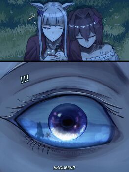 ! !! 3girls animal_ears bare_shoulders blunt_bangs bow brown_hair casual chopsticks closed_eyes closed_mouth collarbone daiwa_scarlet_(casual)_(umamusume) daiwa_scarlet_(umamusume) ear_bow english_text eye_focus eye_reflection gold_ship_(casual)_(umamusume) gold_ship_(umamusume) grass grey_hair hair_intakes highres holding holding_chopsticks horse_ears horse_girl jacket johnholl0w leaning_on_person long_hair long_sleeves mejiro_mcqueen_(umamusume) multiple_girls night off-shoulder_shirt off_shoulder one_eye_closed open_clothes open_jacket outdoors purple_bow purple_eyes red_jacket reflection shirt silhouette sleeping sleeping_on_person twintails umamusume very_long_hair white_shirt