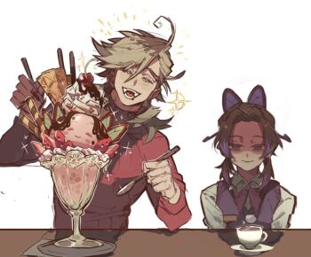 1boy 1girl ahoge alternate_costume black_hair boosk_01 butterfly_hair_ornament character-themed_food closed_eyes closed_mouth coffee coffee_mug commentary_request cup curtained_hair douma_(kimetsu_no_yaiba) empty_eyes fangs food forked_eyebrows grey_hair hair_ornament happy holding holding_spoon ice_cream ice_cream_cup kimetsu_no_yaiba kochou_kanae kochou_shinobu korean_commentary long_hair long_sleeves mug open_mouth parted_bangs polar_opposites purple_eyes red_shirt shaded_face shirt short_hair simple_background smile spoon upper_body white_background