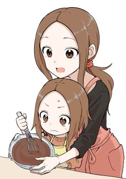 Rule 34 | 2girls, absurdres, apron, black shirt, bowl, brown eyes, brown hair, forehead, highres, holding, holding bowl, inaba mifumi, karakai jouzu no (moto) takagi-san, karakai jouzu no takagi-san, long sleeves, mixing, mixing bowl, mother and daughter, multiple girls, nishikata chii, shirt, simple background, smile, sweatdrop, sweater, table, takagi-san, wavy mouth, whisking