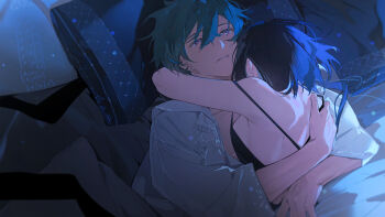 1boy 1girl alternate_costume bare_shoulders black_hair blue_hair brant_(wuthering_waves) breasts commentary_request female_rover_(wuthering_waves) from_above hair_between_eyes hetero highres hug large_breasts long_hair looking_up lying on_back parted_lips pillow purple_eyes rhg rover_(wuthering_waves) short_hair shoulder_blades strap_slip under_covers wuthering_waves