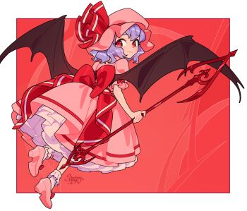 1girl artist_name back_bow bat_wings blush border bow closed_mouth color_wheel_challenge dress fang floating footwear_bow frilled_dress frilled_socks frills from_behind full_body hat hat_ribbon highres holding holding_polearm holding_weapon looking_back mob_cap multiple_drawing_challenge pink_dress pink_hat pink_shoes polearm purple_hair red_background red_eyes red_theme remilia_scarlet ribbon shoes skin_fang socks soemy solo spear_the_gungnir touhou weapon white_border wings