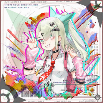 Rule 34 | 1girl, arm warmers, bandaid, bandaid hair ornament, black choker, choker, collared shirt, earrings, green eyes, green hair, hair ornament, jewelry, multicolored eyes, multiple hair clips, musical note earrings, necktie, pink arm warmers, ponytail, red necktie, shirt, smile, solo, striped arm warmers, sunna (zenless zone zero), two-tone eyes, upper body, w, white shirt, zenless zone zero, zuomuzi cheche