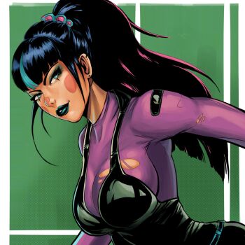 1girl batman_(series) black_hair breasts dc_comics green_background highres large_breasts lipstick makeup multicolored_hair parted_lips piercing punchline_(dc) smile solo two-tone_hair zalz82