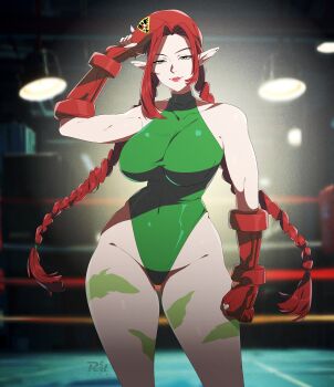 1girl arm_at_side arm_up artist_logo artist_name bare_shoulders beret blurry blurry_background bodypaint boxing_ring braid breasts cammy_white cammy_white_(cosplay) closed_mouth commentary commission cosplay covered_navel cowboy_shot curvy english_commentary film_grain fingerless_gloves garrison_cap gloves green_eyes green_leotard groin half-closed_eyes halterneck hand_on_headwear hat heattech_leotard highleg highleg_leotard highres indoors large_breasts leotard light_smile logo long_hair looking_at_viewer low_twin_braids myria_(r3dfive) original pointy_ears r3dfive red_gloves red_hair red_hat red_lips shiny_clothes shiny_skin smile solo street_fighter street_fighter_ii_(series) taut_leotard thick_thighs thighs thong thong_leotard turtleneck twin_braids very_long_hair wide_hips