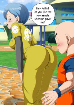 1boy 1girl ass bald bald_male black_eyes blue_eyes blue_hair blush bulma capsule_corp dragon_ball dragon_ball_super dragon_ball_super_super_hero english_text excited excited_for_sex kuririn muscular muscular_male popblackcherry speech_bubble surprised