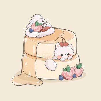 animal anime_coloring artist_request black_eyes blueberry blush_stickers brown_background cat cherry food food_focus food_on_head fruit heart heart-shaped_food in_food looking_ahead maple_syrup no_humans object_on_head original pancake shadow simple_background solid_oval_eyes source_request sparkle strawberry strawberry_slice third-party_source watermark whipped_cream white_cat