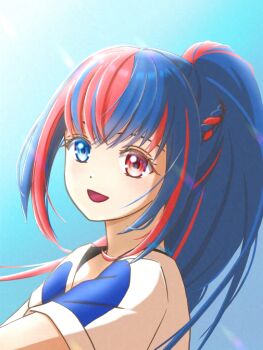 Rule 34 | 1girl, blue eyes, blue hair, commentary request, crossed bangs, female alear (fire emblem), fire emblem, fire emblem engage, heterochromia, high ponytail, hiruhino, looking at viewer, multicolored hair, nintendo, official alternate hairstyle, ponytail, red eyes, red hair, split-color hair, training outfit (fire emblem engage), two-tone hair