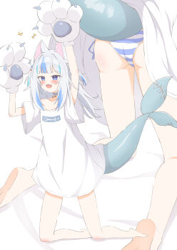 1girl absurdres animal_ears animal_hands arms_up barefoot blue_eyes blue_hair blush cat_ears claws collarbone commentary facing_viewer feet fins fish_tail flat_chest full_body gawr_gura gloves highres hololive hololive_english kemonomimi_mode kneeling kneepits lifted_by_tail messy_hair multicolored_hair multiple_views on_bed panties pantyshot paw_gloves shark_girl shark_tail sharp_teeth shirt skinny skks soles streaked_hair t-shirt tail tail_under_clothes teeth underwear virtual_youtuber white_background white_shirt
