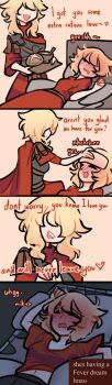 2girls abstract_background absurdres armor bed blonde_hair bread breasts centurii-chan centurii-chan_(character) closed_eyes commentary dreaming english_commentary english_text fever food hair_over_eyes heart highres long_hair midriff_peek multiple_girls original roman_armor short_hair sick sleep_talking sleeping soup spoken_heart talking wiping_forehead