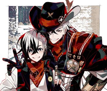 2boys absurdres age_comparison aged_down badge bandana bandana_around_neck black_eyes black_gloves black_hair black_hat black_jacket black_vest boothill_(honkai:_star_rail) border bullet_earrings commentary_request cowboy_hat cropped_jacket crossed_bangs crosshair_pupils cyborg dual_persona earrings fingerless_gloves gloves gold_earrings grin hair_between_eyes hair_over_one_eye hand_on_another&#039;s_shoulder hat hat_feather highres honkai:_star_rail honkai_(series) jacket jewelry long_hair looking_at_viewer low_ponytail male_focus medium_hair mole mole_under_eye multicolored_hair multiple_boys one_eye_covered open_clothes open_vest outside_border parted_bangs ponytail red_bandana red_pupils sharp_teeth sheriff_badge shirt short_ponytail smile streaked_hair teeth time_paradox u_5ham0 upper_body v v-shaped_eyebrows vest white_border white_hair white_shirt zipper zipper_pull_tab