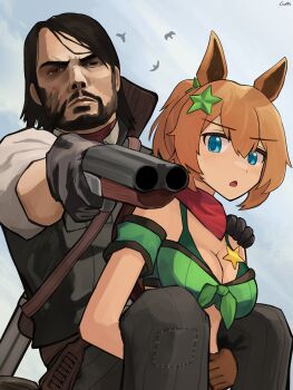 1boy 1girl absurdres aiming aiming_at_viewer animal_ears armband bandeau bird black_vest blue_eyes blue_sky brown_hair carrying commentary crossover double-barreled_shotgun english_commentary gamryous green_armband green_bandeau gun hair_between_eyes hair_ornament highres holding holding_weapon horse_ears horse_girl john_marston long_hair looking_at_viewer outdoors parted_lips piggyback ponytail red_dead_redemption red_dead_redemption_(series) sheriff_badge shotgun sky star_(symbol) star_hair_ornament swept_bangs taiki_shuttle_(umamusume) taiki_shuttle_(wild_frontier)_(umamusume) umamusume upper_body v-shaped_eyebrows vest weapon weapon_on_back