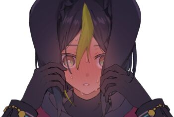 1boy animal_ears arms_up black_gloves black_hair black_shirt blush commentary_request fox_boy fox_ears full-face_blush genshin_impact gloves gorila_chan green_hair hair_between_eyes holding_own_ears long_sleeves male_focus multicolored_eyes multicolored_hair nervous parted_bangs parted_lips shirt simple_background solo streaked_hair tighnari_(genshin_impact) white_background wide-eyed