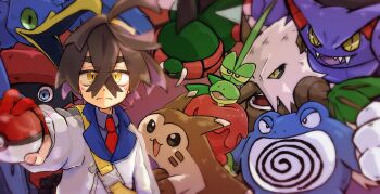 1boy bird black_eyes black_hair black_sclera blue_shirt brown_fur closed_mouth collared_shirt colored_sclera cramorant crossed_bangs dipplin fangs furret gen_1_pokemon gen_2_pokemon gen_3_pokemon gen_4_pokemon gen_8_pokemon gliscor gloves green_eyes hair_between_eyes hairband highres jacket kieran_(pokemon) long_sleeves looking_at_viewer mole mole_on_neck multicolored_hair necktie nintendo pokemon pokemon_(creature) pokemon_sv pokemon_team poliwrath purple_background purple_hair red_gloves red_necktie shiftry shirt simple_background standing tacho_baby upper_body white_jacket yanmega yellow_bag yellow_eyes yellow_fur yellow_hairband yellow_sclera