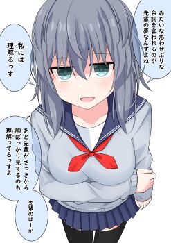 1girl absurdres arm_under_breasts black_thighhighs breasts commentary_request highres jitome kuromiya_sakana large_breasts looking_at_viewer original school_uniform solo thighhighs translated white_background