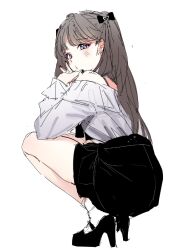 Rule 34 | 1girl, black bow, black footwear, black skirt, blush, bow, brown hair, chh r, commentary, frilled shirt, frills, from side, fujishima megumi, grey shirt, hair bow, high heels, link! like! love live!, long hair, long sleeves, looking at viewer, looking to the side, love live!, off-shoulder shirt, off shoulder, puckered lips, purple eyes, shirt, simple background, skirt, solo, squatting, two side up, virtual youtuber, white background