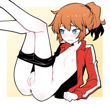 1girl akableak ass ass_freckles averting_eyes bike_shorts bike_shorts_pull blue_eyes body_freckles butt_plug charlotte_(akableak) cleft_of_venus closed_mouth clothes_pull embarrassed flat_chest freckles frown highres jacket legs_together loli long_sleeves medium_hair nipples no_nose orange_hair original ponytail pussy red_jacket sex_toy shorts shorts_pull solo uncensored