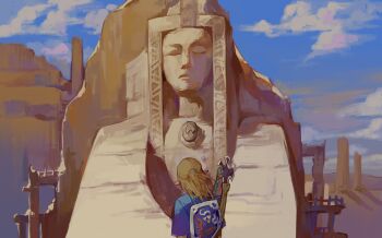 Rule 34 | 1boy, absurdres, blonde hair, blue shirt, blue sky, chinese commentary, cloud, commentary request, from behind, highres, hylian shield, lin09, link, male focus, medium hair, nintendo, outdoors, shield, shield on back, shirt, short sleeves, sky, solo, sword, sword on back, the legend of zelda, the legend of zelda: breath of the wild, triforce, upper body, weapon, weapon on back