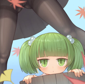 2girls black_pantyhose blunt_bangs blush bucket cameltoe closed_mouth commentary_request expressionless falling_leaves ginkgo_leaf green_eyes green_hair hair_bobbles hair_ornament harunoha in_bucket in_container kisume komeiji_koishi leaf looking_at_viewer maple_leaf multiple_girls pantyhose short_hair solo_focus touhou two_side_up