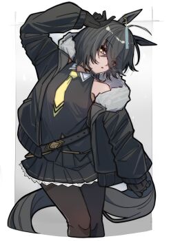 1girl :o adapted_costume ahoge alternate_hairstyle animal_ears belt black_belt black_choker black_gloves black_hair black_jacket black_shirt black_skirt border brown_pantyhose choker collared_shirt commentary_request cropped_legs ear_ornament eyes_visible_through_hair feet_out_of_frame fur-trimmed_jacket fur_trim gloves gradient_background grey_background hair_over_one_eye hand_on_own_head head_tilt highres horse_ears horse_girl horse_tail jacket jacket_partially_removed kawamochi_(kawauti919) long_sleeves looking_at_viewer manhattan_cafe_(creeping_black)_(umamusume) manhattan_cafe_(umamusume) necktie pantyhose shirt short_hair single_bare_shoulder single_off_shoulder skirt sleeveless sleeveless_shirt solo tail umamusume white_border yellow_eyes yellow_necktie