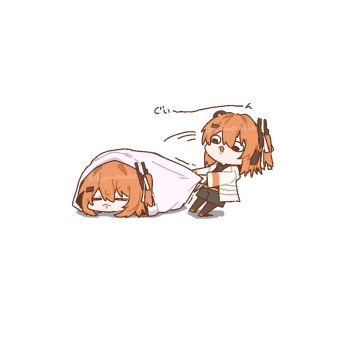 2girls a.i._voice adachi_rei chibi chibi_only clone closed_eyes closed_mouth jacket kurusuke_(kurumi) looking_at_another lying multiple_girls one_side_up open_clothes open_jacket open_mouth orange_hair pulling simple_background sleeping under_covers utau waking_another white_background white_jacket