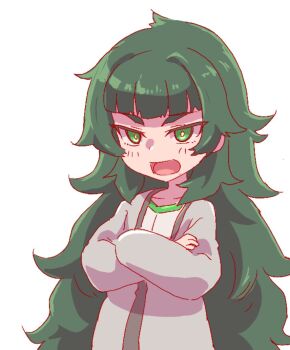 1girl annoyed blunt_bangs commentary_request crossed_arms green_eyes green_hair hiyajou_maho jacket_over_dress long_hair long_sleeves looking_at_viewer messy_hair narrowed_eyes open_mouth sadarann science_adventure simple_background solo steins;gate steins;gate_0 very_long_hair white_background
