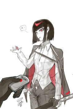1girl 1other absurdres black_gloves black_hair black_pants bob_cut buttons cigarette collared_shirt commentary_request female_ejaculation female_ejaculation_through_clothes flat_chest gloves hai000_0 highres holding holding_lighter holding_sword holding_weapon jacket jacket_on_shoulders katana korean_commentary korean_text lighter limbus_company long_sleeves open_mouth pants project_moon red_eyes ryoshu_(project_moon) shirt short_hair simple_background single_glove solo_focus sound_effects sword translation_request weapon white_background white_shirt