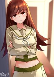 Rule 34 | 1girl, against wall, arms under breasts, blurry, blurry background, blush, breasts, brown hair, closed mouth, crossed arms, dated, highres, indoors, izumikuma, jewelry, kantai collection, long hair, long sleeves, looking at viewer, medium breasts, midriff, navel, neckerchief, one-hour drawing challenge, ooi (kancolle), ooi kai ni (kancolle), pleated skirt, red eyes, ring, sailor collar, school uniform, serafuku, skirt, solo, twitter username, wedding ring, white neckerchief, yellow sailor collar, yellow skirt