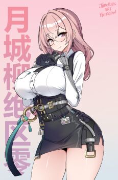 1girl absurdres black_gloves black_skirt blush breasts closed_mouth cowboy_shot dress_shirt earrings glasses gloves gradient_background hair_between_eyes hands_up high-waist_skirt highres jarckius jewelry large_breasts long_hair looking_at_viewer miniskirt paid_reward_available patreon_username pencil_skirt pink_eyes pink_hair ring_hair_ornament shirt skirt smile solo standing tsukishiro_yanagi white_shirt zenless_zone_zero