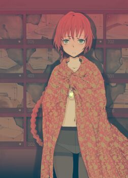 1girl braid crotch_seam darker_than_black green_eyes high-waist_pantyhose long_hair looking_at_viewer navel panties panties_under_pantyhose pantyhose red_hair revision shadow single_braid solo suou_pavlichenko tamaoki_benkyou topless_female underwear unmoving_pattern white_panties