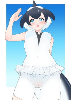 1girl arm_up black_hair blue_background blue_eyes blush bodysuit breasts cameltoe cetacean_tail chestnut_mouth commentary_request commerson&#039;s_dolphin_(kemono_friends) cowboy_shot fins fish_tail head_fins highres illu_(illu_stratos) kemono_friends looking_at_viewer medium_breasts open_mouth short_hair solo tail white_background white_bodysuit white_hair