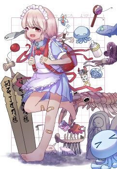 1girl absurdres apron baby_bottle backpack bag bandaid bandaid_on_hand bandaid_on_leg barefoot blue_dress bottle bow bowtie dress ebisu_eika feet fish flute flying_sweatdrops highres idomizu_oishi instrument isopod jizou kendama randoseru rattle recorder red_bow red_bowtie sacabambaspis sea_angel smile solo sotoba squid touhou white_apron white_background