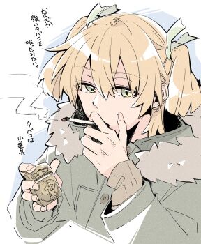 1girl bbr_brbr blonde_hair blue_background buttons cigarette commentary copyright_name cropped_torso daiba_nana fingernails fur-trimmed_hood fur_trim green_eyes green_jacket green_ribbon hair_between_eyes hair_ribbon hands_up highres holding holding_cigarette holding_lighter hood hood_down hooded_jacket jacket lighter long_sleeves looking_ahead ribbon short_hair short_twintails shoujo_kageki_revue_starlight smoke smoking solo translation_request twintails two-tone_background upper_body white_background zippo_lighter