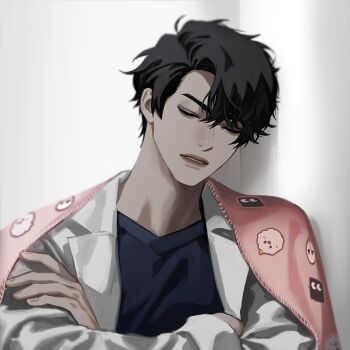 1boy against_wall animal_print artist_self-insert biyoo_(omniscient_reader&#039;s_viewpoint) black_eyes black_hair black_shirt blackbox_(blackbox9158) closed_eyes coat crossed_arms curtained_hair hair_between_eyes head_tilt male_focus omniscient_reader&#039;s_viewpoint open_clothes open_coat parted_lips shirt short_hair solo third-party_source upper_body white_coat yoo_joonghyuk