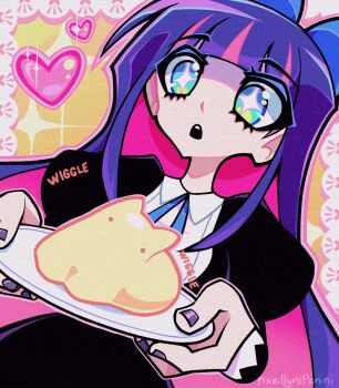 1girl animated animated_gif blue_bow blue_hair border bow colored_inner_hair food goth_fashion gothic_lolita hair_bow highres lace lace_border lolita_fashion multicolored_eyes multicolored_hair ornate_border panty_&amp;_stocking_with_garterbelt pink_streaks pixellyn pudding shaking sparkling_eyes stocking_(psg) streaked_hair yellow_background