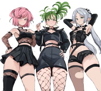 3girls alternate_costume crossover doki_doki_literature_club frieren multiple_girls natsuki_(doki_doki_literature_club) one-punch_man pointy_ears rakeemspoon sousou_no_frieren tatsumaki