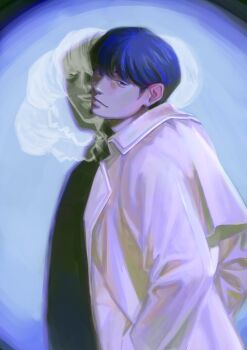 1boy absurdres black_eyes black_hair coat cowboy_shot different_shadow distortion drop_shadow hands_in_pockets head_tilt highres kim_dokja looking_at_viewer male_focus omniscient_reader&#039;s_viewpoint open_clothes open_coat popped_collar short_hair smirk solo spotlight umbrvx white_coat