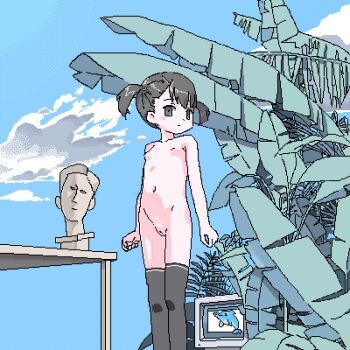 1girl arms_at_sides black_hair black_thighhighs blue_sky blush breasts bust_(sculpture) cleft_of_venus closed_mouth cloud computer dithering expressionless feet_out_of_frame fern foliage hair_ornament hairclip jaggy_lines kairu_the_dolphin lokulo_no_mawashimono loli looking_at_viewer lowres microsoft_office microsoft_windows nipples nude original plant pussy short_hair short_twintails sky small_breasts solo standing surreal table thighhighs twintails