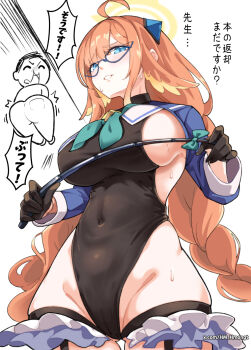 1boy 1girl ahoge aqua_neckerchief artist_name ass black_leotard blue-framed_eyewear blue_archive blue_shrug braid braided_twintails breasts cameltoe check_translation covered_navel doodle_sensei_(blue_archive) feather_hair feathers frilled_thigh_strap gloves half_gloves halo halter_leotard halterneck highleg highleg_leotard highres hm_(hmongt) holding holding_riding_crop impossible_clothes impossible_leotard large_breasts leotard long_hair low_twin_braids neckerchief official_alternate_costume ribbon riding_crop sensei_(blue_archive) shimiko_(blue_archive) shimiko_(magical)_(blue_archive) shrug_(clothing) super_highleg sweat thigh_strap translation_request twin_braids white_background yellow_feathers yellow_halo