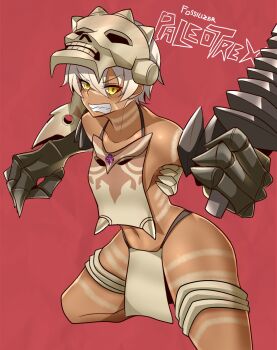1girl altronage character_name clenched_teeth commentary dark_skin dark-skinned_female english_commentary genderswap genderswap_(mtf) highres looking_at_viewer mecha_musume paleotrex personification predacon short_hair solo teeth transformers transformers:_war_for_cybertron_trilogy white_hair yellow_eyes