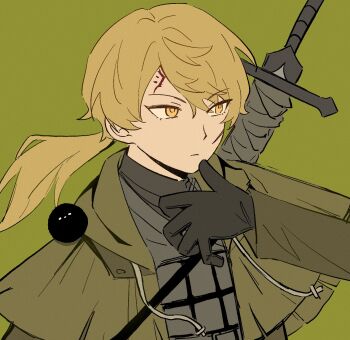 1boy a_certain_sinclair_(project_moon) animal animal_on_shoulder bird bird_on_shoulder black_gloves blonde_hair bulletproof_vest capelet closed_mouth facial_mark forehead_mark gloves green_background green_capelet green_jacket hand_up highres jacket limbus_company long_hair looking_to_the_side low_ponytail male_focus mubzhmngdedngp1 ponytail project_moon scar scar_on_face sheath sheathed simple_background sinclair_(project_moon) solo spoilers sword sword_on_back upper_body weapon weapon_on_back yellow_eyes