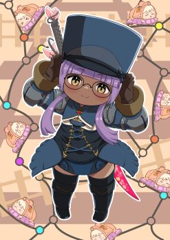 Rule 34 | 1girl, absurdres, blue hat, closed mouth, commentary request, commission, commissioner upload, dark-skinned female, dark skin, final fantasy, final fantasy xiv, glasses, hat, highres, lalafell, long hair, looking at viewer, pixiv commission, purple hair, shelldy, warrior of light (ff14)