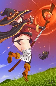 1girl 2019 ass bandages belt black_fur black_panties blush boots brown_eyes butt_crack cameltoe cape cat chomusuke fingerless_gloves fur gloves grass hat highres kono_subarashii_sekai_ni_shukufuku_wo! bandaged_leg looking_at_viewer looking_back megumin open_mouth outdoors panties poethewondercat sky solo staff underwear wings