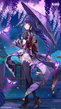 1girl absurdres armor braid braided_ponytail breasts bridal_gauntlets bug butterfly commentary_request flower from_behind genshin_impact hair_ornament highres holding holding_umbrella insect japanese_clothes kimono long_hair long_sleeves looking_at_viewer looking_back mitsudomoe_(shape) mole mole_under_eye night obi official_art oil-paper_umbrella outdoors parted_lips purple_eyes purple_hair purple_kimono purple_thighhighs raiden_shogun sash shoulder_armor single_braid sky solo standing thighhighs tomoe_(symbol) umbrella very_long_hair wide_sleeves
