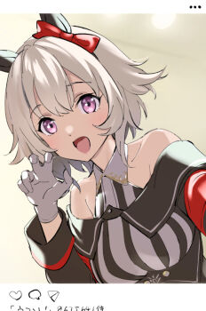 1girl animal_ears bare_shoulders blush bow breasts claw_pose commentary_request curren_chan_(fille_eclair)_(umamusume) curren_chan_(umamusume) dress ear_bow ear_covers fake_phone_screenshot fake_screenshot gloves grey_hair horse_ears horse_girl long_sleeves looking_at_viewer medium_breasts off_shoulder open_mouth pink_eyes purple_eyes red_bow selfie short_hair smile solo striped_clothes striped_dress taromarun umamusume upper_body white_gloves