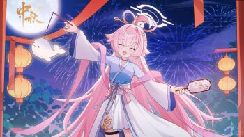 1girl aerial_fireworks ahoge bad_source blue_archive chinese_clothes choker closed_eyes fang feixianji_(hairstyle) fireworks full_moon hair_between_eyes hair_ornament hair_rings halo hand_fan hanfu highres holding holding_fan holding_lantern hoshino_(blue_archive) hoshino_(mid-autumn_festival)_(blue_archive) lantern long_hair long_sleeves mid-autumn_festival moon night night_sky open_mouth outdoors pink_hair sky smile solo standing tuanshan very_long_hair wide_sleeves yuanzi_ako