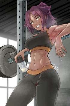 1girl abs artist_name bare_shoulders black_pants bleach blush bottle breasts dark-skinned_female dark_skin exercising female_focus gym hair_ornament highres holding holding_bottle indoors knockmart long_hair medium_breasts pants ponytail purple_hair shihouin_yoruichi shiny_skin sportswear sweat teeth toned toned_female yellow_eyes