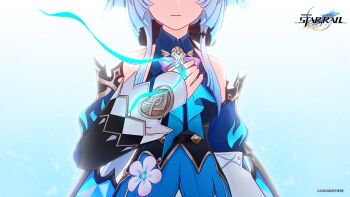 1girl blue_dress breasts cerydra_(honkai:_star_rail) copyright_name copyright_notice detached_sleeves dress eyes_out_of_frame flower head_out_of_frame highres honkai:_star_rail honkai_(series) medium_breasts official_art sidelocks string string_of_fate white_hair